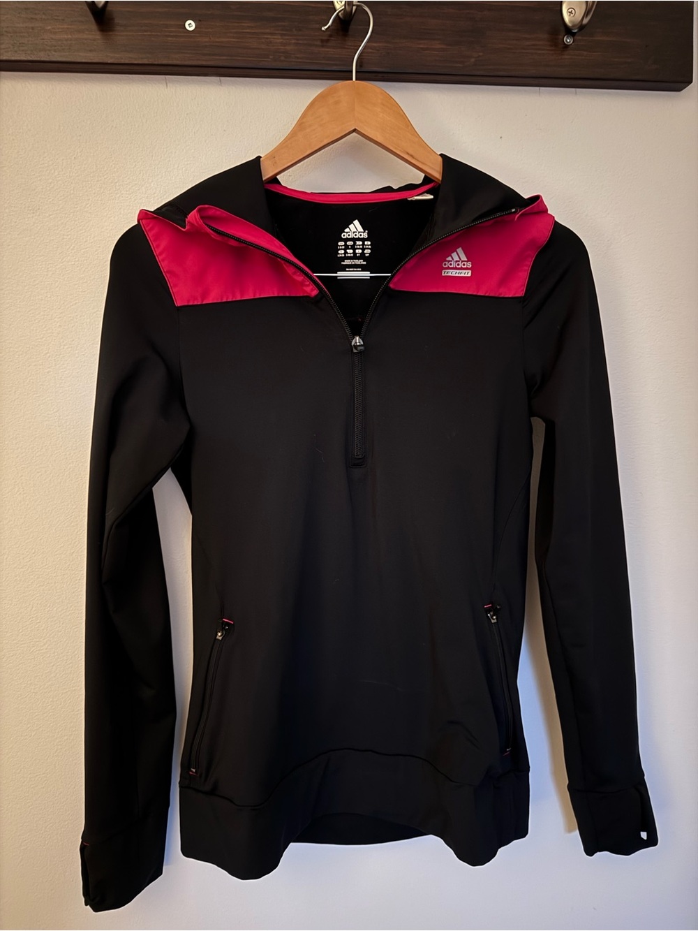 Adidas Women's running top - Black 3/4 zip with Pink hood
